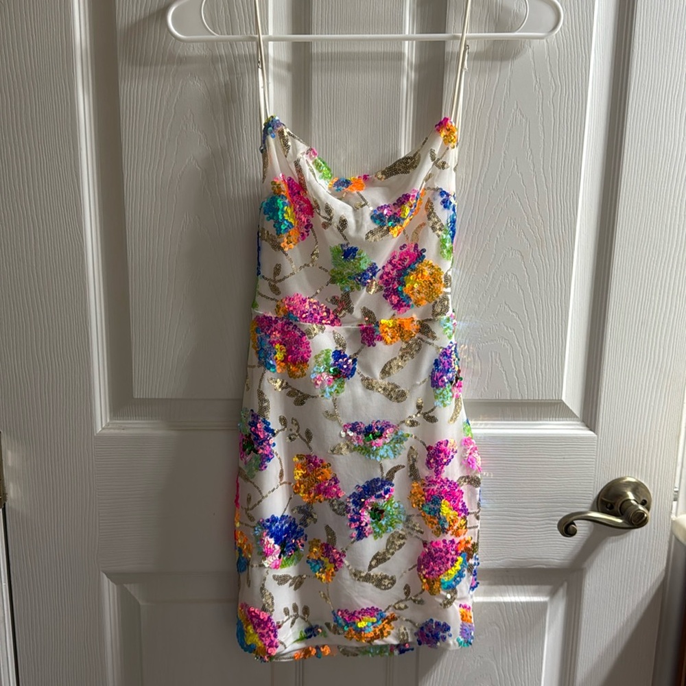 Lucy in the Sky mini sequin multicolor dress, backless, xs